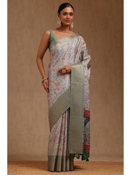 Soch - Women Sage Green Tussar Botanical Floral Printed Saree with Unstitched Blouse