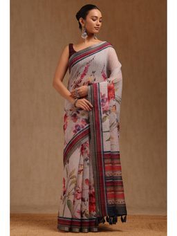 Soch - Women Off White Linen Botanical Floral Printed Saree with Unstitched Blouse