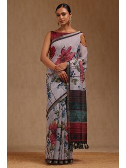 Soch - Women Powder Blue Linen Botanical Floral Printed Saree with Unstitched Blouse
