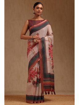 Soch - Women Light Peach Linen Botanical Floral Printed Saree with Unstitched Blouse