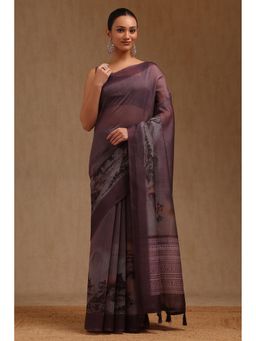Soch - Women Purple Chanderi Digital Printed Saree with Unstitched Blouse