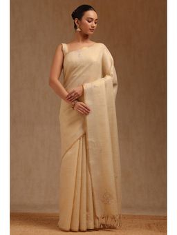 Soch - Women Beige Linen Embellished Sequined Work Saree with Unstitched Blouse