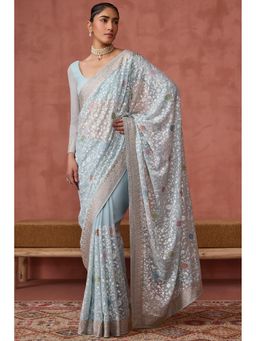 Soch - Women Light Blue Georgette Embroidered Stones Work Saree with Unstitched Blouse