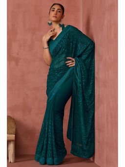 Soch - Women Teal Georgette Embroidered Stone Work Saree with Unstitched Blouse