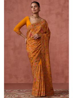 Soch - Women Mustard Georgette Embroidered Sequined Work Saree with Unstitched Blouse