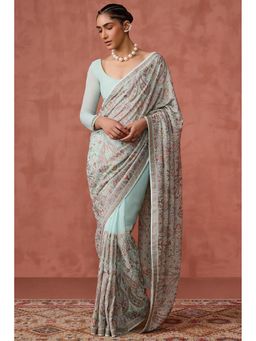 Soch - Women Powder Blue Georgette Embroidered Saree with Unstitched Blouse