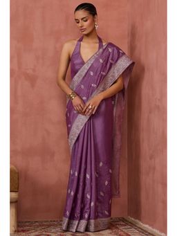 Soch - Women Purple Fendy Embroidered Stone Work Saree with Unstitched Blouse