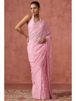 Soch - Women Pink Embroidered Sequined Work Saree with Unstitched Blouse