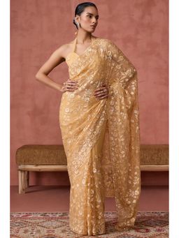 Soch - Women Yellow Embroidered Sequined Work Saree with Unstitched Blouse