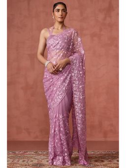 Soch - Women Purple Embroidered Sequined Work Saree with Unstitched Blouse