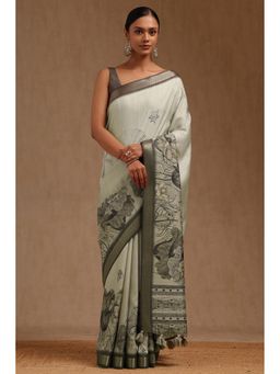 Soch - Women Silver Tussar Botanical Floral Printed Saree with Unstitched Blouse