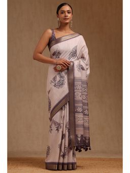 Soch - Women Light Grey Tussar Botanical Floral Printed Saree with Unstitched Blouse