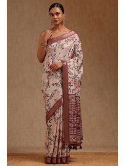 Soch - Women Earth Tussar Floral Printed Saree with Unstitched Blouse