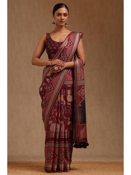 Soch - Women Maroon Crepe Kalamkari Printed Saree with Unstitched Blouse