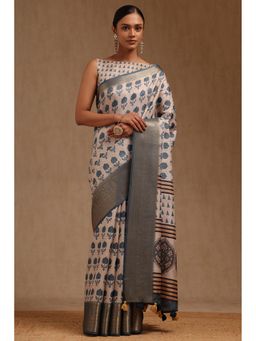 Soch - Women Off White and Blue Tussar Printed Saree with Unstitched Blouse