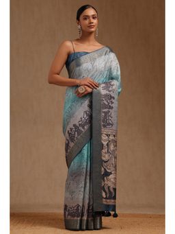 Soch - Women Blue Tussar Madhubani Printed Saree with Unstitched Blouse