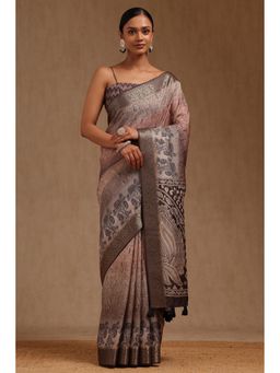 Soch - Women Light Brown Tussar Printed Saree with Unstitched Blouse