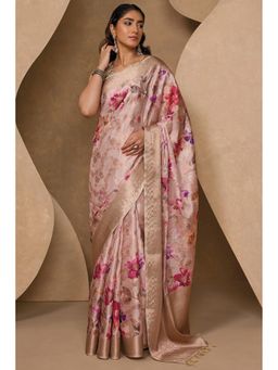 Soch - Women Beige Tussar Floral Printed Saree with Unstitched Blouse