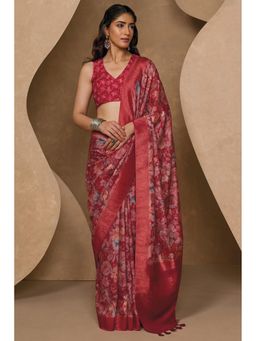 Soch - Women Deep Red Chanderi Floral Printed Saree with Unstitched Blouse