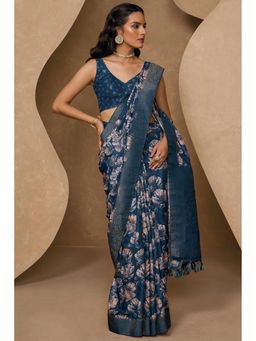 Soch - Women Blue Chanderi Floral Printed Saree with Unstitched Blouse