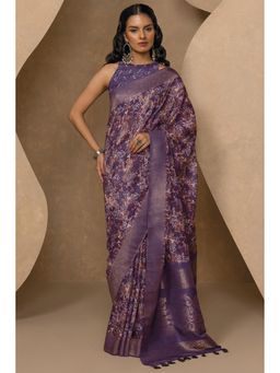 Soch - Women Purple Chanderi Floral Printed Saree with Unstitched Blouse