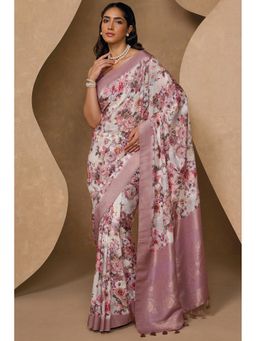 Soch - Women White and Lavender Chanderi Floral Printed Saree with Unstitched Blouse