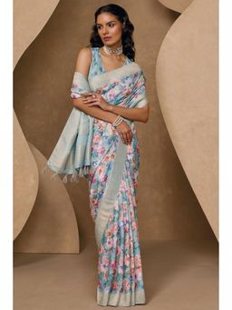 Soch - Women Powder Blue Chanderi Floral Printed Saree with Unstitched Blouse