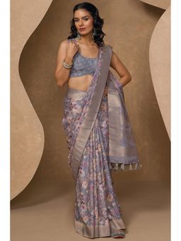 Soch - Women Grey Chanderi Floral Printed Saree with Unstitched Blouse