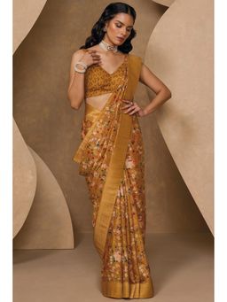Soch - Women Mustard Chanderi Floral Printed Saree with Unstitched Blouse
