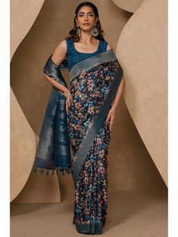 Soch - Women Navy Blue Chanderi Floral Printed Saree with Unstitched Blouse
