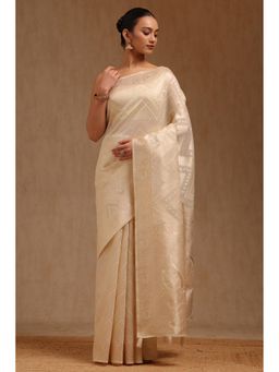 Soch - Women Cream Linen Woven Design Saree with Unstitched Blouse