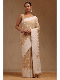 Soch - Women Beige Chanderi Woven Design Saree with Unstitched Blouse