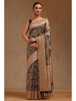 Soch - Women Beige-Black Chanderi Floral Kalamkari Printed Saree with Unstitched Blouse