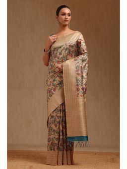 Soch - Women Beige Chanderi Floral Kalamkari Printed Saree with Unstitched Blouse