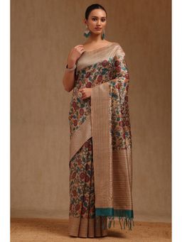 Soch - Women Beige-Teal Chanderi Floral Kalamkari Printed Saree with Unstitched Blouse