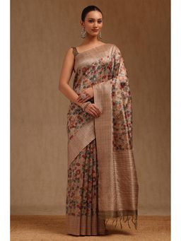 Soch - Women Beige Chanderi Floral Kalamkari Printed Saree with Unstitched Blouse
