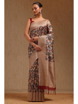 Soch - Women Beige Chanderi Floral Kalamkari Printed Saree with Unstitched Blouse