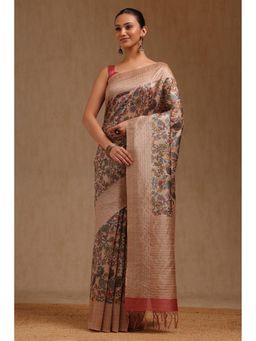 Soch - Women Beige Chanderi Floral Kalamkari Printed Saree with Unstitched Blouse