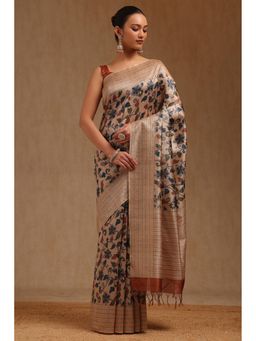Soch - Women Beige Chanderi Multi Floral Kalamkari Printed Saree with Unstitched Blouse