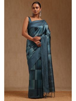 Soch - Women Blue Chanderi Printed Thread Work Saree with Unstitched Blouse