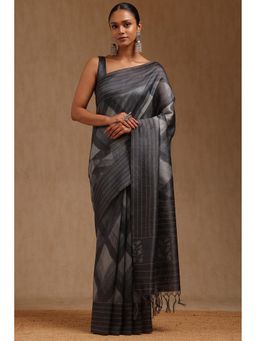 Soch - Women Grey Chanderi Printed Thread Work Saree with Unstitched Blouse