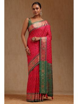 Soch - Women Fuchsia Pink Silk Woven Design Saree with Unstitched Blouse