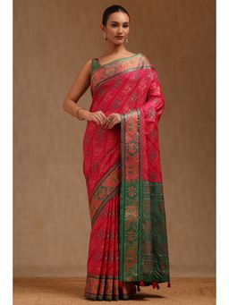 Soch - Women Fuchsia Pink Silk Woven Design Saree with Unstitched Blouse