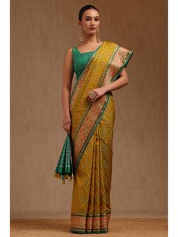 Soch - Women Mustard Silk Woven Tassels Design Saree with Unstitched Blouse