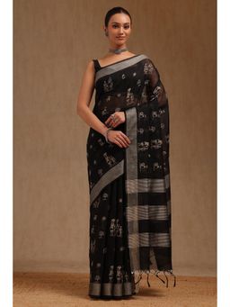 Soch - Women Black Chanderi Warli Embroidered Thread Work Saree with Unstitched Blouse