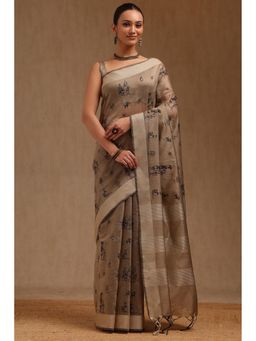 Soch - Women Beige Chanderi Warli Embroidered Thread Work Saree with Unstitched Blouse
