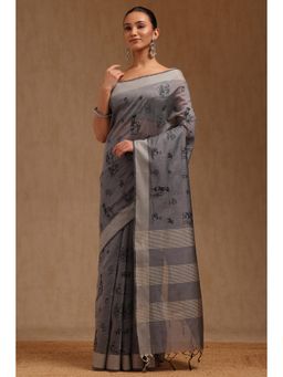 Soch - Women Grey Chanderi Warli Embroidered Thread Work Saree with Unstitched Blouse