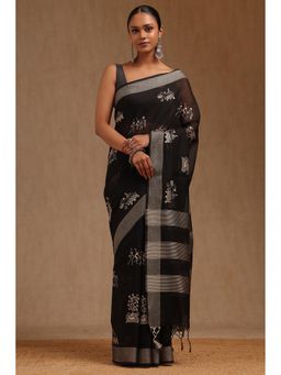 Soch - Women Black Chanderi Embroidered Thread Work Saree with Unstitched Blouse