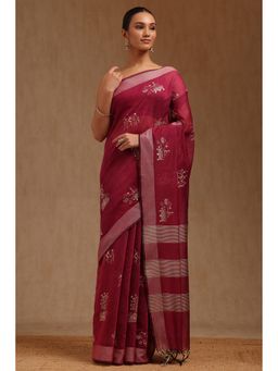 Soch - Women Wine Chanderi Embroidered Thread Work Saree with Unstitched Blouse