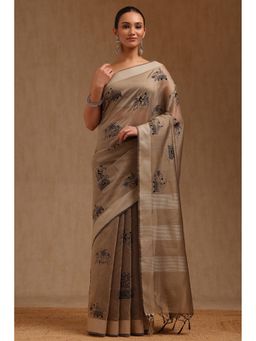 Soch - Women Beige Chanderi Embroidered Thread Work Saree with Unstitched Blouse